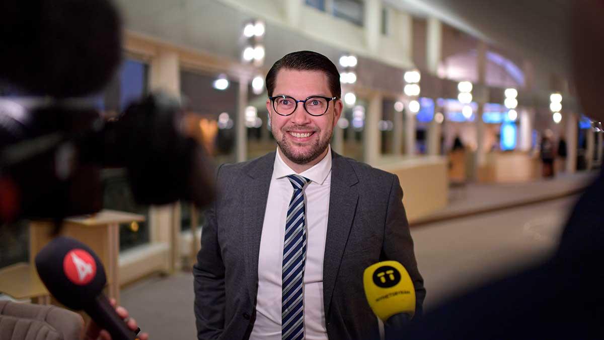 SD-ledaren Jimmie Åkesson har anledning att se nöjd ut. Hans parti är nu störst i Sverige. (Foto: TT)