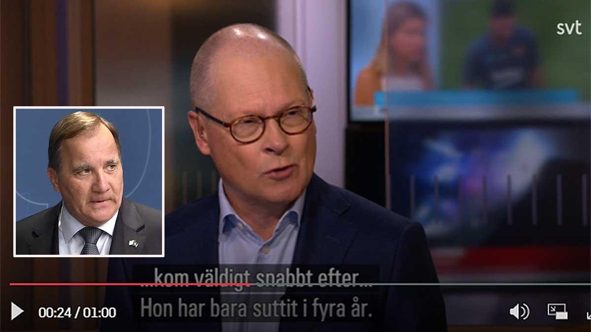 SVT:s inrikespolitiske kommentator Mats Knutson tror att statsminister Stefan Löfven (S) är "rätt nervös" efter Isabella Lövins avgångsbesked. (Foto: TT / skärmdump SVT / montage)