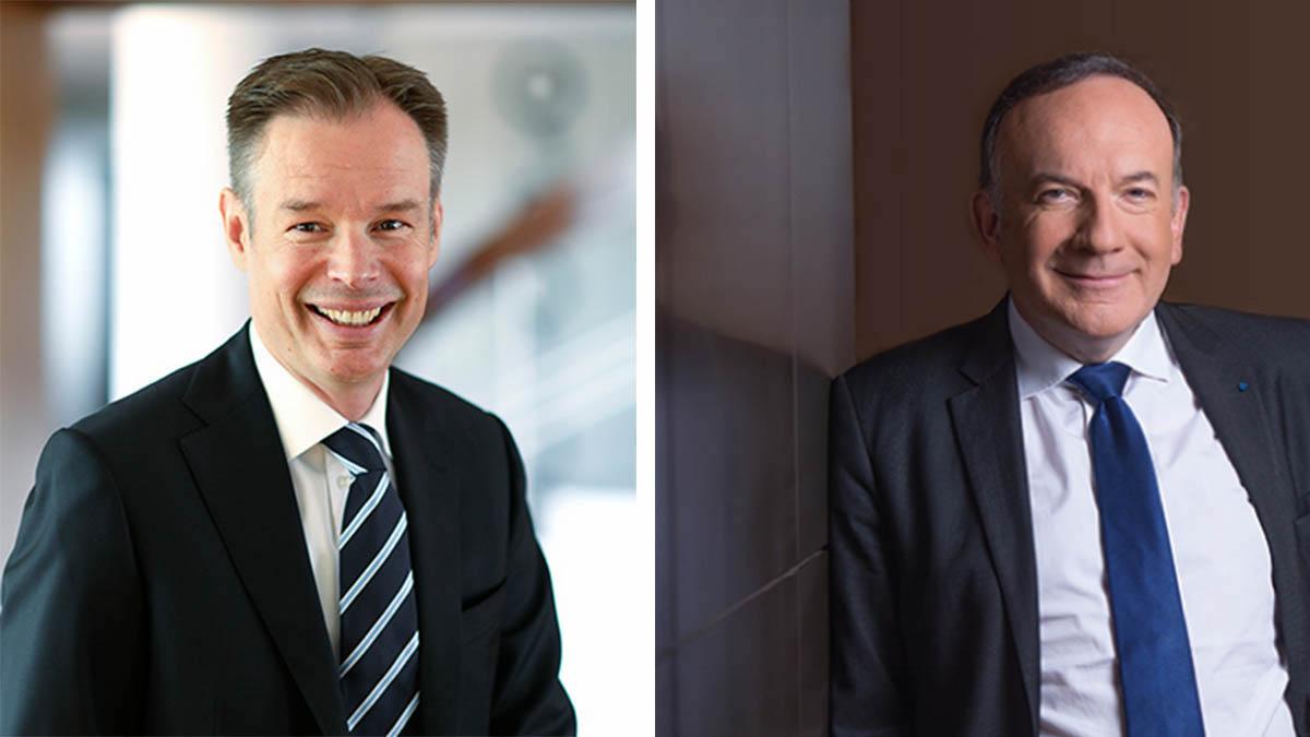 Fredrik Persson, nyvald ordförande i Business Europe, och Pierre Gattaz, avgående ordförande för Business Europe.