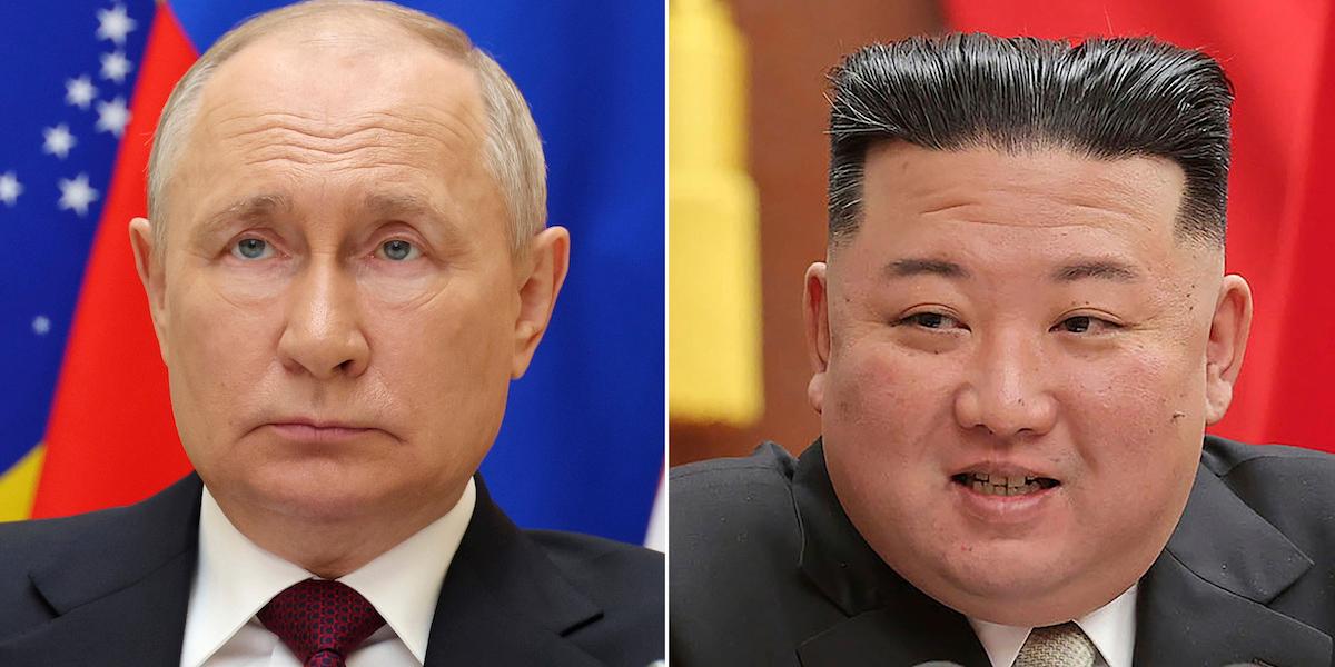 Nordkoreas president Kim Jon Un, till höger, planerar att träffa Rysslands president Vladimir Putin, till vänster, för att diskutera närmare militära band mellan Nordkorea och Ryssland