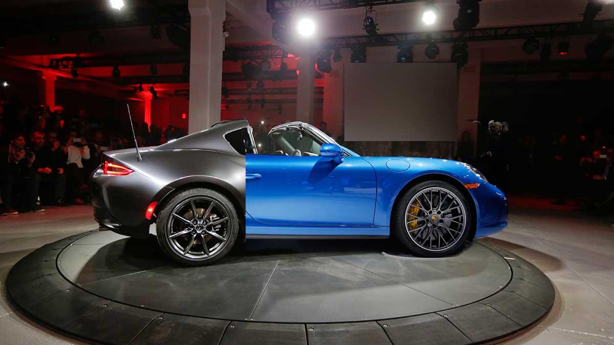 Mazdas sportbil MX-5 RF smälter nästan ihop till utseendet med Porsche 911 Targa. (TT / montage)