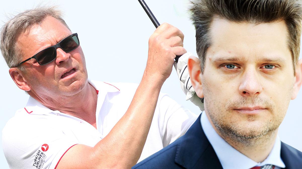 På bild: Före detta bankdirektörn Christian Clausens svingar klubban under en träningsrunda inför Nordea masters 2016. (Foto: TT / Montage)