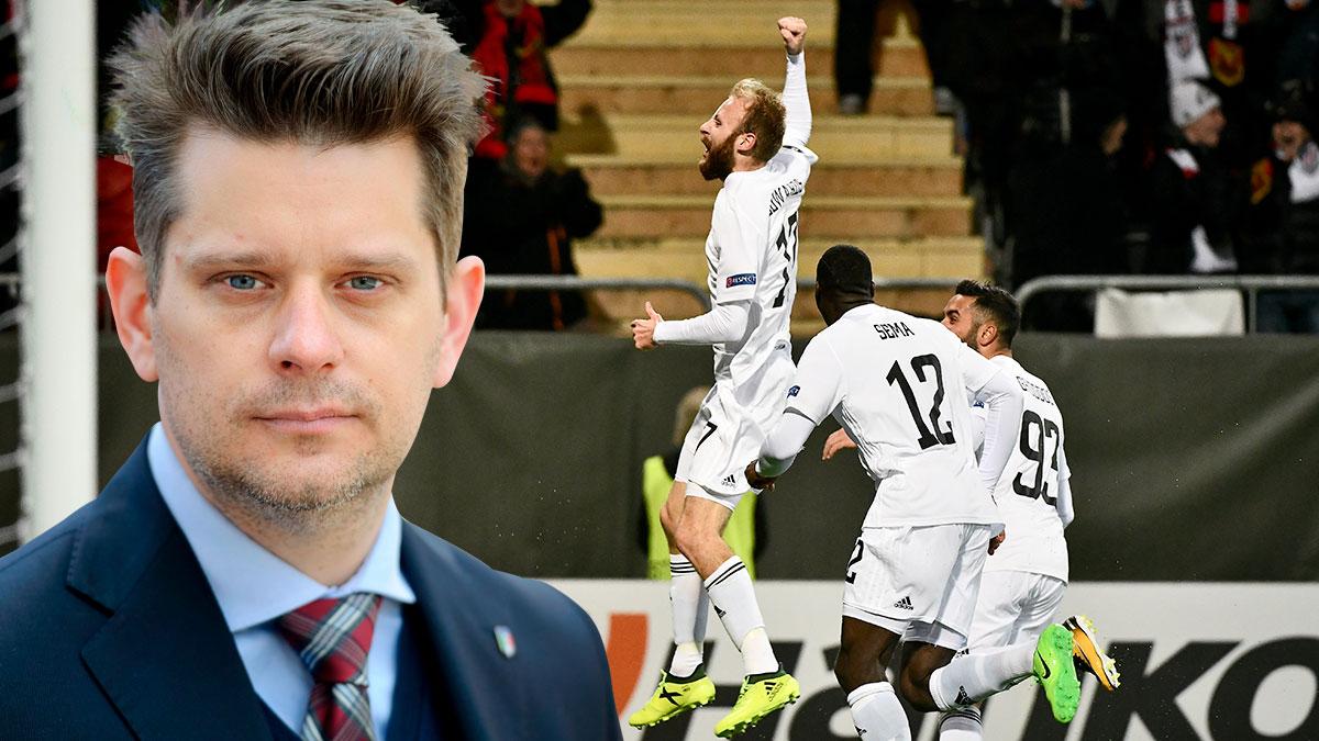 Marcus Birro skriver i dag om framgångssagan Östersund. På bilden jublar lagets Curtis Edwards (17) efter sitt 2-1 mål under torsdagens fotbollsmatch i Europa Leauge mot Athletic Bilbao på Jämtkraft arena. (Foto: TT)