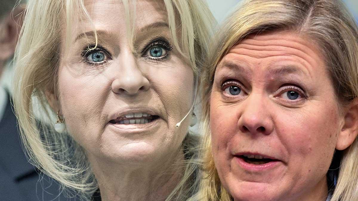 Annika Falkengren (t.v) är inte glad på Magdalena Andersson (S). (Foto: TT /