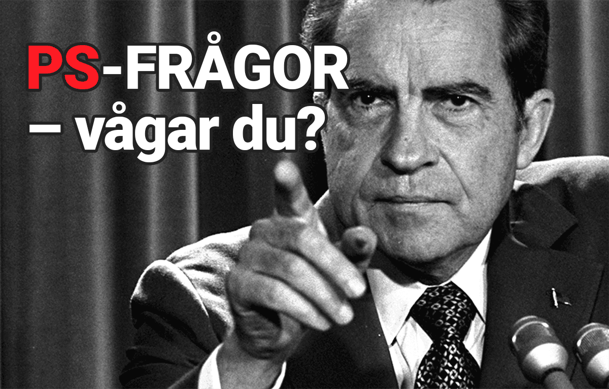 STÄLLD MOT VÄGGEN. På bild: USA:s dåvarande president Richard Nixon grillas i samband med den berömda Watergateskandalen. (Foto: TT / Montage)