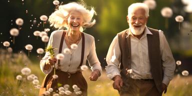 Ett äldre par springer glada över en äng. Forskare har tittat på hur en hälsosam livsstil och den genetiska påverkan på livslängd hänger ihop och hittat fyra livsstilsfaktorer som kan förlänga livet även för dem som har en genetisk risk för tidig död