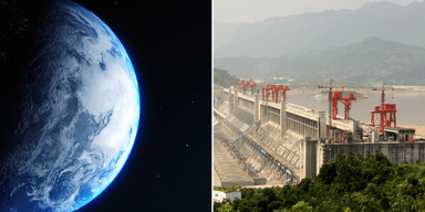 Bild på jorden från rymden och bild på Three Gorges-dammen i Kina
