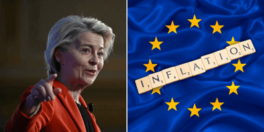 Von der Leyen och en bild föreställande en EU-flagga med texten "inflation" över den