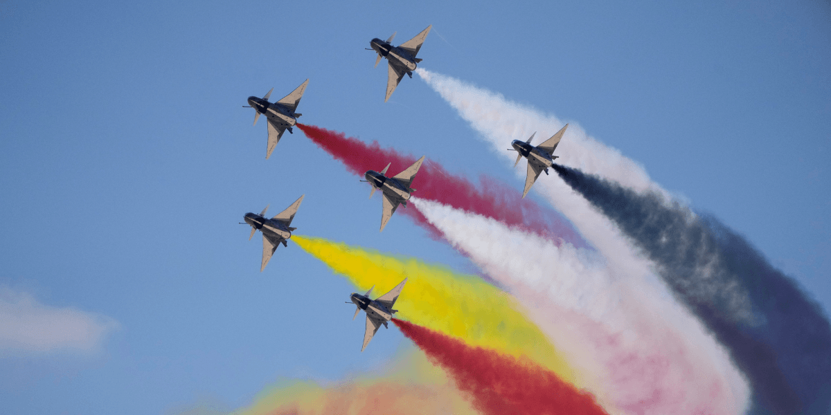 hinese J-10 fighter jets performs during the first edition of the Egypt International Airshow at al-Alamein airport, Wednesday, Sept. 4, 2024. (AP Photo/Amr Nabil) AMR10