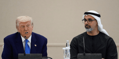 President Donald Trump and Crown Prince of Abu Dhabi Sheikh Khaled Bin Mohamed Bin Zayed Al Nahyan participate in a business roundtable at Qasr Al Watan, Friday, May 16, 2025, in Abu Dhabi, United Arab Emirates. (AP Photo/Alex Brandon)