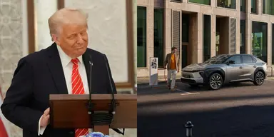 Donald Trump grottar i lite allt möjligt. Nu underlättar han för Toyota. (Foto: Toyota och Alex Brandon/AP/TT)