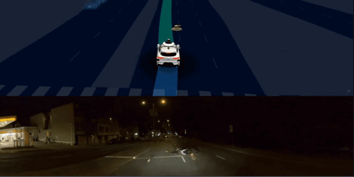 En bild från Waymos Youtube som visar på hur en självkörande bil lätt undviker en person som ramlat. (Foto: Waymo)