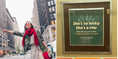 Reklamtavla i New York med Taskrabbits annons: "She’s so lucky, she’s a star – but she cry cry cries, building shelves is hard."