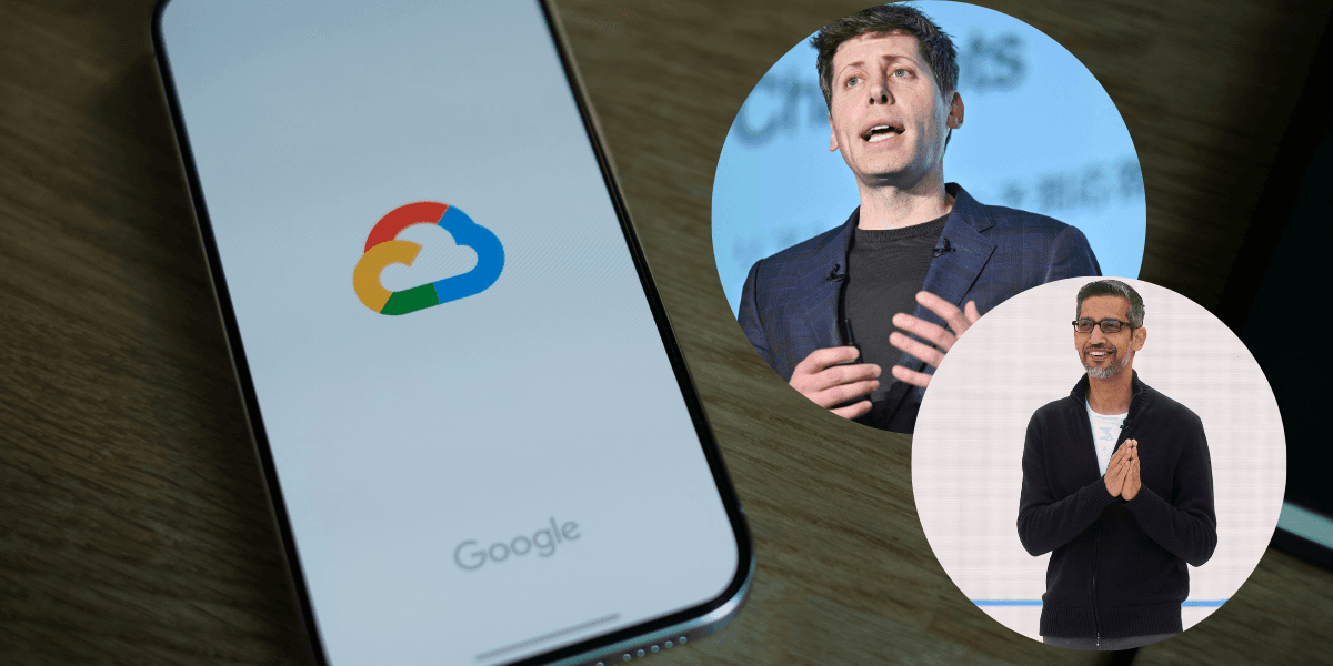 Sam Altman och Sundar Pichai skakar hand på en deal. (Foto: Jeff Chiu/AP och appshunter.io på Unsplash)