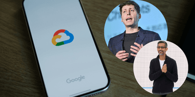 Sam Altman och Sundar Pichai skakar hand på en deal. (Foto: Jeff Chiu/AP och appshunter.io på Unsplash)