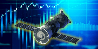 Illustration med satellit och börsgraf som speglar utvecklingen för svenska rymdaktier 2025.