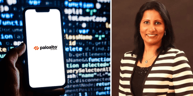 Meerah Rajavel, CIO på Palo Alto Networks, framför företagets logotyp.