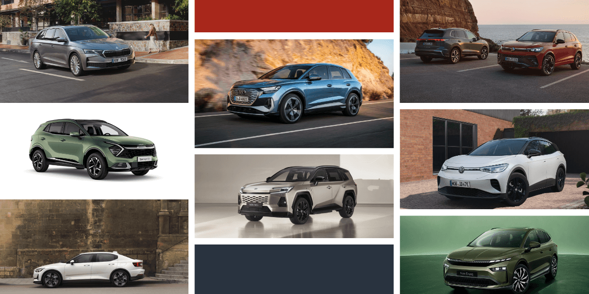 Här är en lista på Sveriges populäraste tjänstebilar. (Foto: Skoda, Kia, Polestar, Audi, Toyota och Volkswagen)