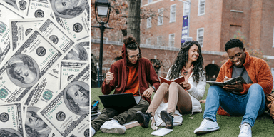 Student står framför en bakgrund av dollarsedlar – symbol för ökade kostnader för universitetsstudier i USA.