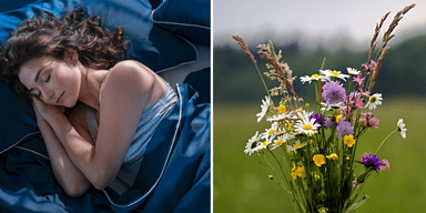 Kvinna som sover med midsommarblommor under kudden – tradition och doftterapi i ett.