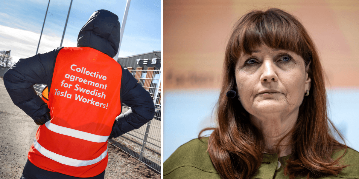Efter 600 dagar kanske det händer något hos Tesla. Förbundsordförande Marie Nilsson menar att det enklaste sättet är att teckna kollektivavtal. (Foto: Claudio Bresciani och Anders Wiklund/TT)