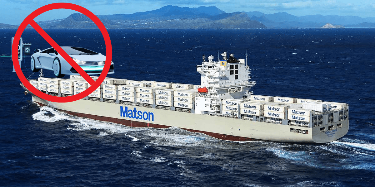 Rederiet Matson vill inte ha fler elbilar på sina skepp. (Foto: Matson och Canva, bilden är ett montage)