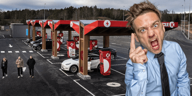 Varning för arga människor vid laddstationerna. (Foto: Cirkle K och Canva. Bilden är ett montage)