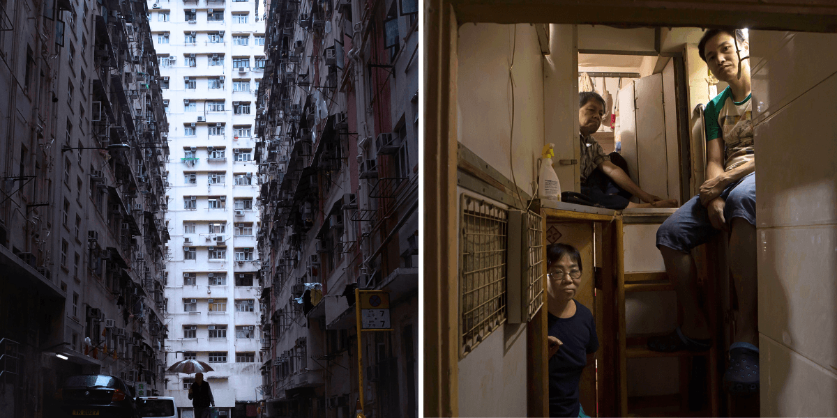 Till vänster: Ett bostadshus i Hongkong där så kallade ”coffin homes” eller "burhem" finns. Till höger: Invånare poserar i sina minimala ”coffin homes".