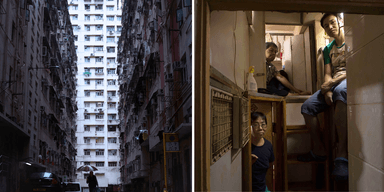 Till vänster: Ett bostadshus i Hongkong där så kallade ”coffin homes” eller "burhem" finns. Till höger: Invånare poserar i sina minimala ”coffin homes".