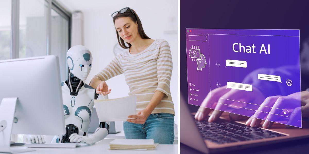 En humanoid robot jobbar vid en dator och en kvinna står bredvid och en kvinna chattar med en AI.