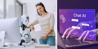 En humanoid robot jobbar vid en dator och en kvinna står bredvid och en kvinna chattar med en AI.