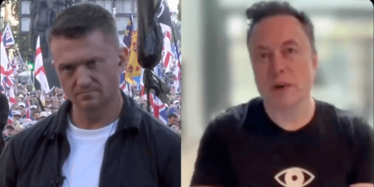 Elon Musk talar under en marsch men får motstånd från Englands ledare. (Foto: X)