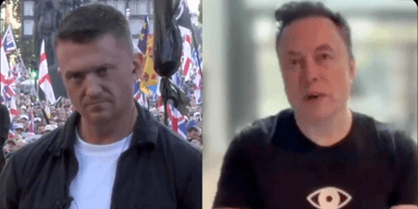 Elon Musk talar under en marsch men får motstånd från Englands ledare. (Foto: X)
