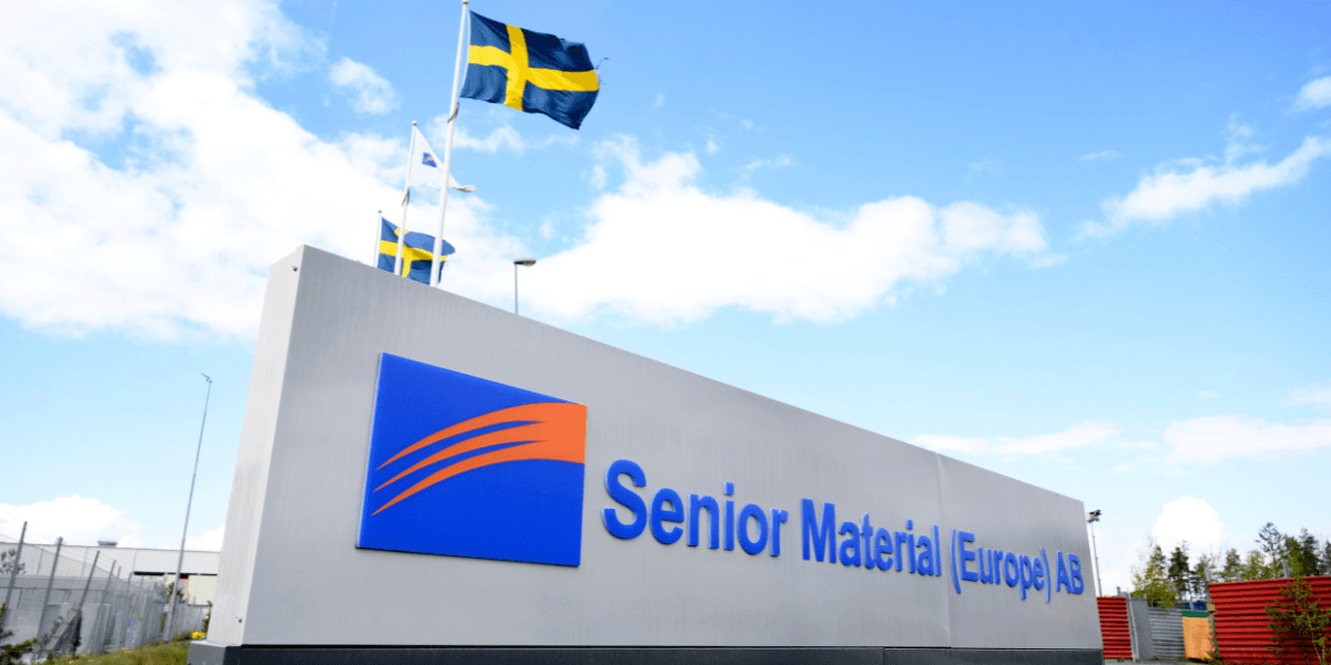 Exteriör och logga på det kinesiska industriföretaget Senior Material Europe ABs anläggning utanför Eskilstuna. (Foto: Jessica Gow/TT)