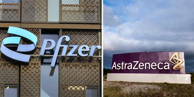 Pfizers och Astra Zenecas loggor. Efter att ett avtal mellan Pfizer och Trump-administrationen tillkännagivits i tisdags fick Astra Zeneca i går sin näst bästa börsdag någonsin