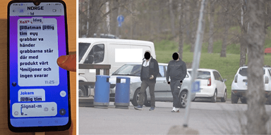Till vänster: De misstänktas meddelanden om narkotikapartiet. Till höger: Polisens observationsfoto av de misstänkta.