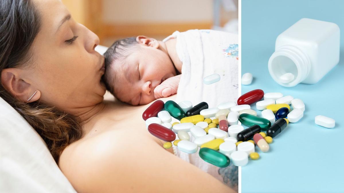 En mamma med ett nyfött barn och en burk med antibiotika