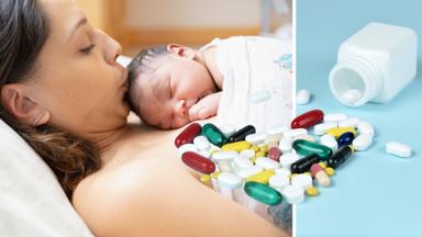 En mamma med ett nyfött barn och en burk med antibiotika