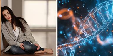 En kvinna med depresion och en dna-spiral