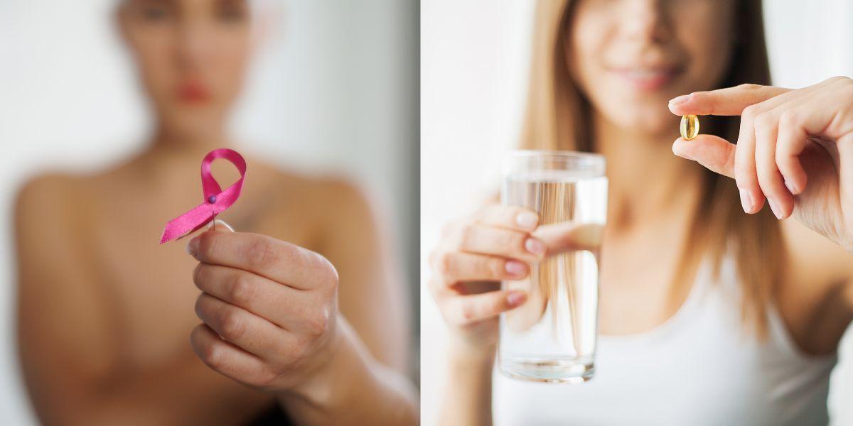 En kvinna håller fram rosa bandet, en symbol för bröstcancer, och en kvinna tar ett piller
