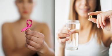En kvinna håller fram rosa bandet, en symbol för bröstcancer, och en kvinna tar ett piller