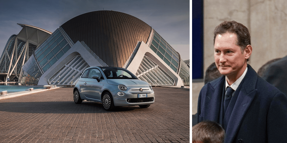Stellantis ordförande John Elkann och Fiat 500 Hybrid. (Foto: Fiat och Andrew Medichini/AP/TT)