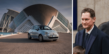 Stellantis ordförande John Elkann och Fiat 500 Hybrid. (Foto: Fiat och Andrew Medichini/AP/TT)