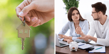 Nyckel med hus-symbol och par som diskuterar bolånekostnader.