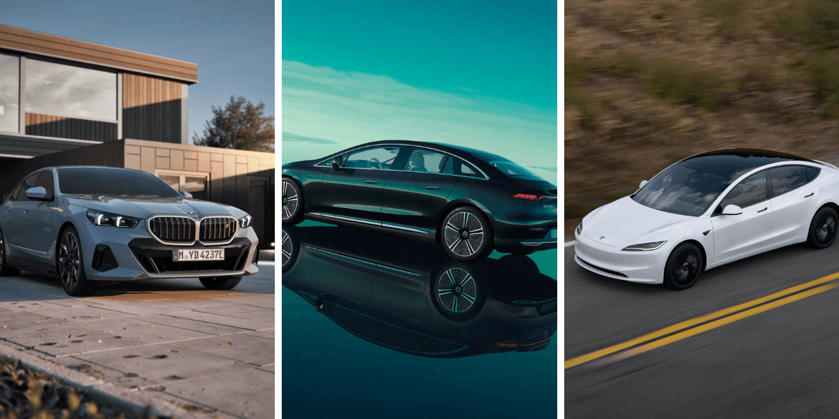 Fem bilar ställs mot varandra. Kan du gissa viken som vinner? (Foto: BMW, Mercedes-Benz och Tesla)