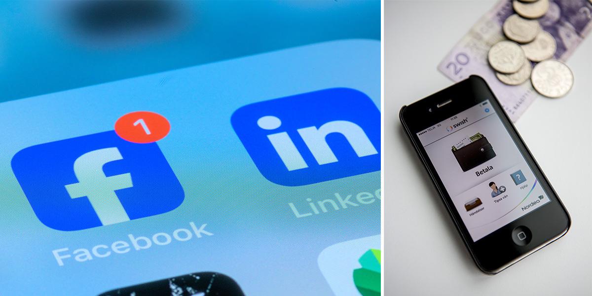 Facebook på en mobil och en mobil betalar via Swish. Tusentals människor lånar helt oreglerat pengar på särskilda Facebookgrupper för lån mellan privatpersoner, pengarna överförs oftast via Swish.