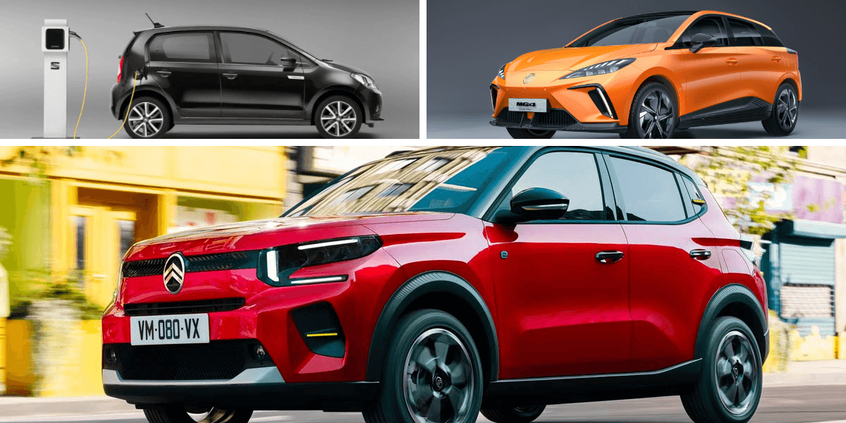 Sugen på en billig elbil i stan? Här är en lista med de tio billigaste just nu. (Foto: Citroën, MG och Seat)