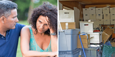 Ett par ser bekymrade ut, bredvid en bild på ett överfullt garage med kartonger, plastlådor och gamla prylar som lämnats kvar av vuxna barn.