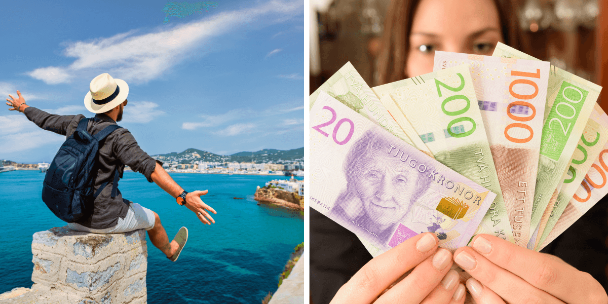 Delad bild med en person som sitter vid havet med armarna utsträckta i frihet, och en annan person som håller upp svenska sedlar i olika valörer.