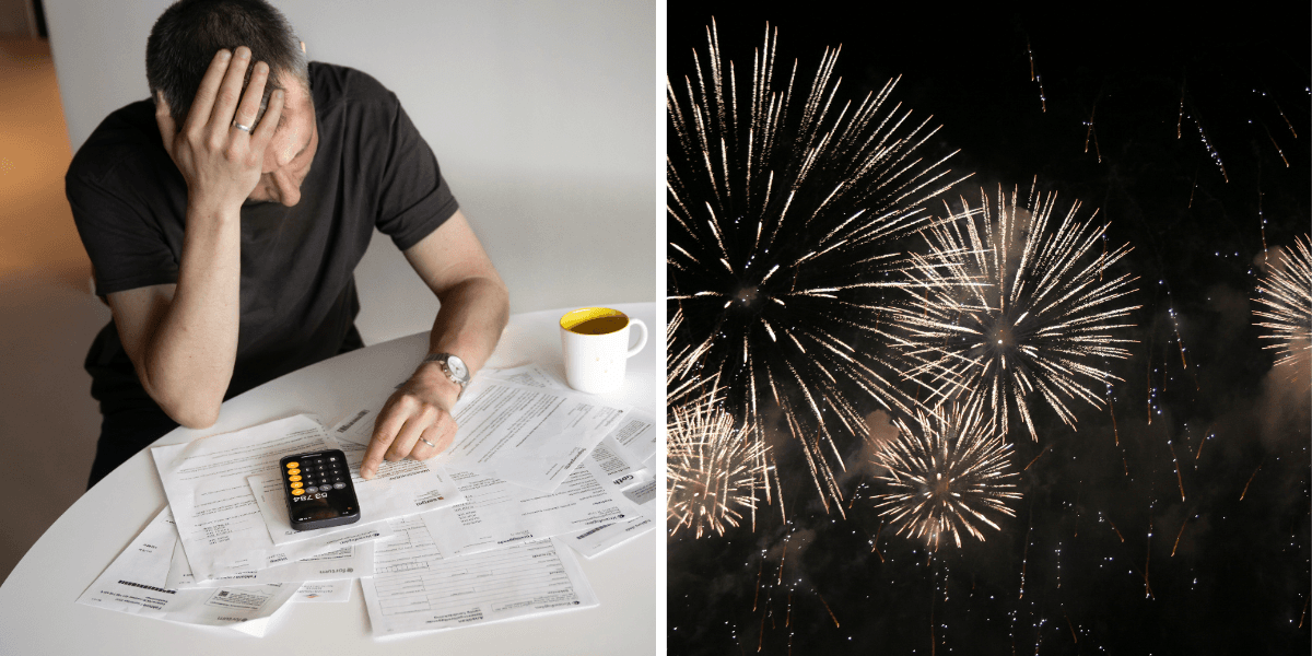 Man med räkningar och kalkylator, fyrverkerier i natthimlen – symbol för ekonomisk stress och nyårslöften.